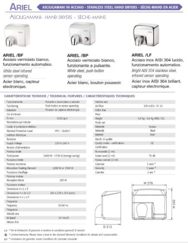 VAMA ASCIUGAMANI ELETTRICO  ARIEL CON  FOTOCELLULA  2400W BIANCO  ART. ARIEL BF