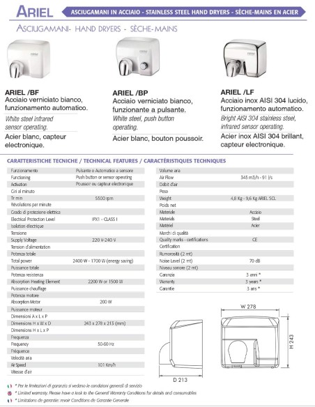 VAMA ELEKTRISCHER HÄNDETROCKNER ARIEL MIT FOTOZELLE 2400W WEISS ART.-NR. ARIEL BF