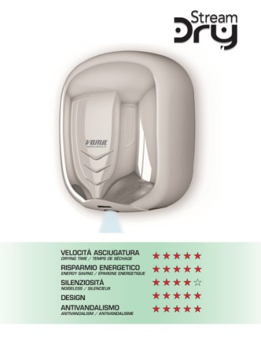 VAMA ELEKTRISCHER HÄNDETROCKNER ECOJET 1100 W POLIERTER STAHL Art.-Nr. STREAM TROCKEN UV LF