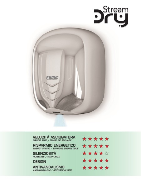 VAMA ELEKTRISCHER HÄNDETROCKNER ECOJET 1100 W POLIERTER STAHL Art.-Nr. STREAM TROCKEN UV LF