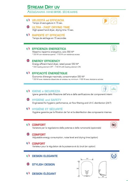 VAMA ASCIUGAMANI ELETTRICO ECOJET 1100 W ACCIAIO LUCIDO art. STREAM DRY UV LF