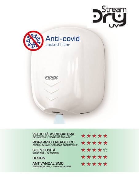 VAMA ELEKTRISCHER HÄNDETROCKNER ECOJET 1100 W POLYPROPYLEN WEISS Art.-Nr. STREAM DRY UV ABS