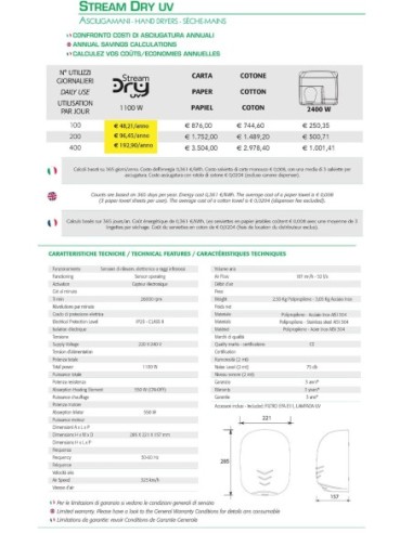 VAMA SÈCHE-MAINS ÉLECTRIQUE ECOJET 1100 W POLYPROPYLÈNE BLANC art. STREAM DRY UV ABS