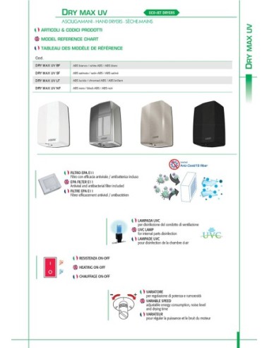 SÈCHE-MAINS ÉLECTRIQUE VAMA1000 W ABS BLANC ART. SEC MAX UV BF