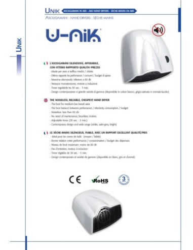 VAMA ELEKTRISCHER HÄNDETROCKNER 1850 W ABS CHROM AUTOMATIK ART.-NR. U-NIK LF