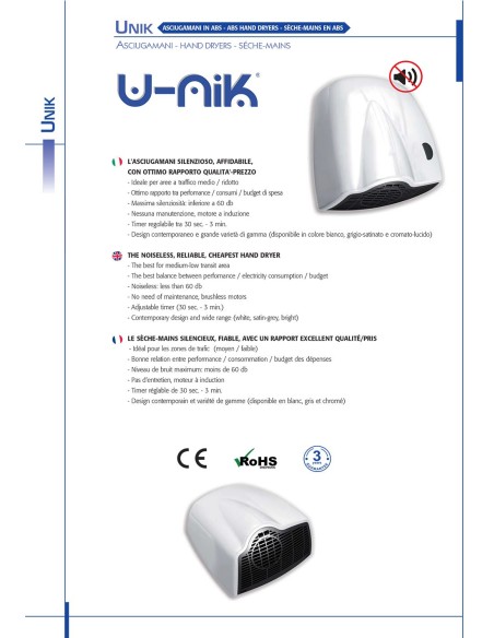 VAMA ELEKTRISCHER HÄNDETROCKNER 1850 W ABS CHROM AUTOMATIK ART.-NR. U-NIK LF